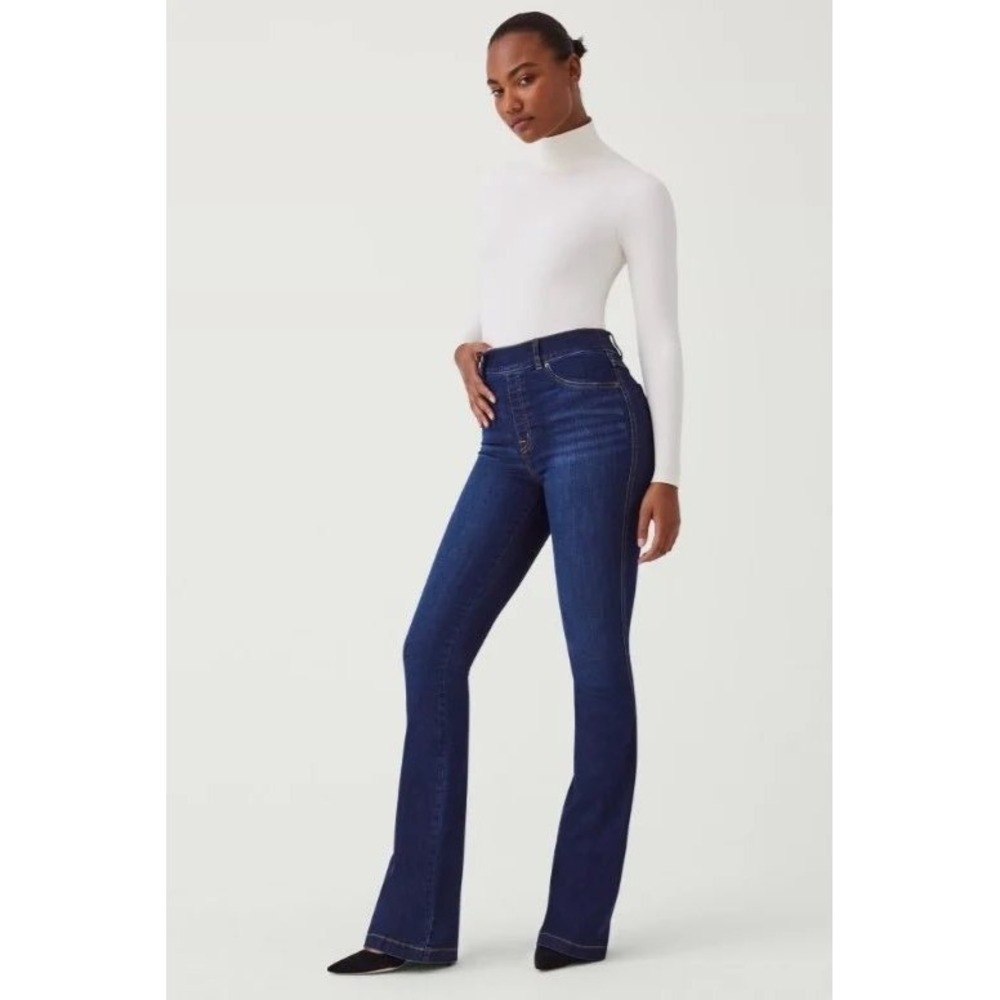 Spanx Flare Jeans Dark Indigo High Rise Pull On Stretch Denim Tall Large‎